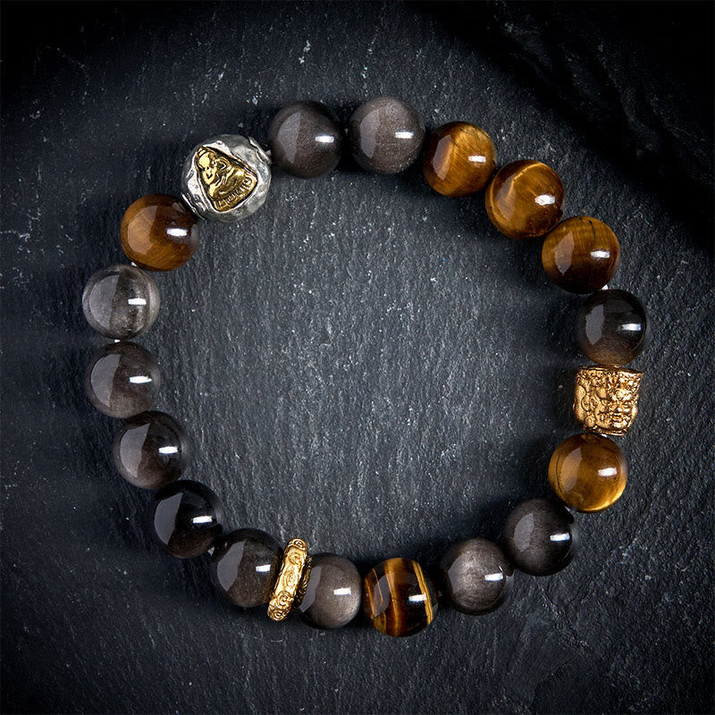 Buddhist Blessing Natural Silver Sheen Obsidian Tiger Eye Three-Faced Buddha Protection Bracelet