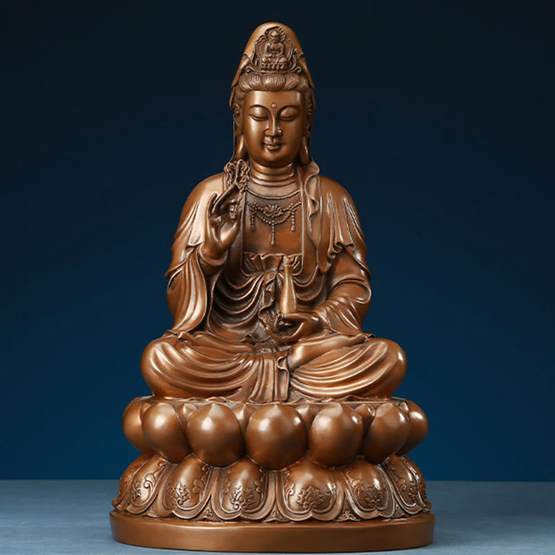 Buddhist Blessing Kwan Yin Avalokitesvara Lotus Wealth Copper Statue Home Desk Decoration