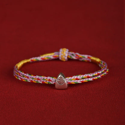 Buddhist Blessing 925 Sterling Silver Fu Character Luck Multicolored Rope Bracelet