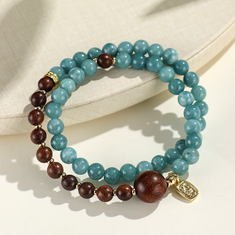 Buddhist Blessing Blue Chalcedony Green Sandalwood Small Leaf Red Sandalwood Double Wrap Emotional Balance Bracelet