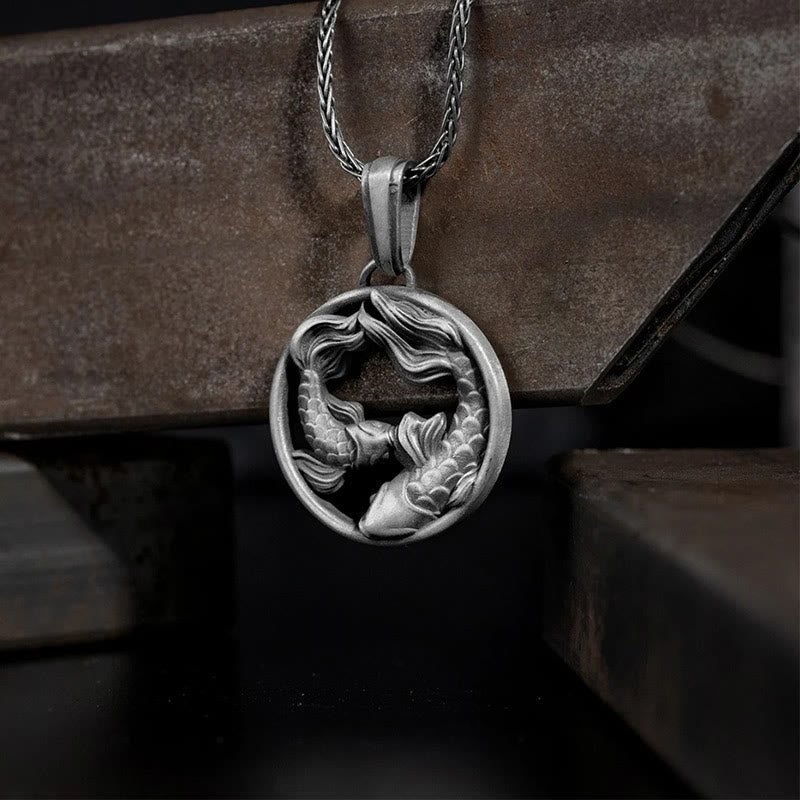 Buddhist Blessing Pure Tin Pisces Double Koi Fish Wealth Necklace Pendant