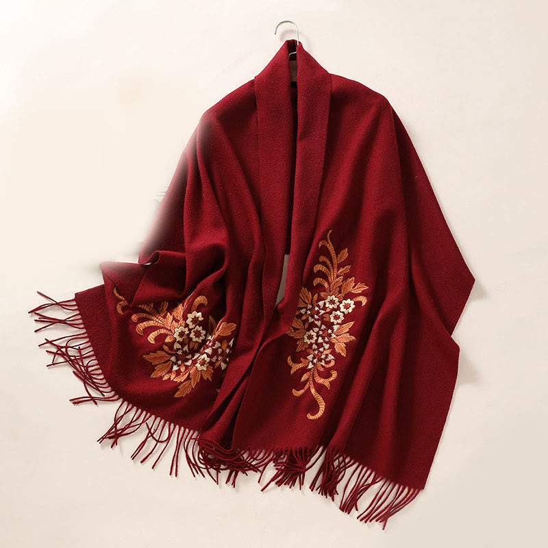 Buddhist Blessing Wool Shawl Begonia Embroidery Tassel Winter Cozy Travel Scarf Wrap
