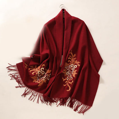 Buddhist Blessing Wool Shawl Begonia Embroidery Tassel Winter Cozy Travel Scarf Wrap