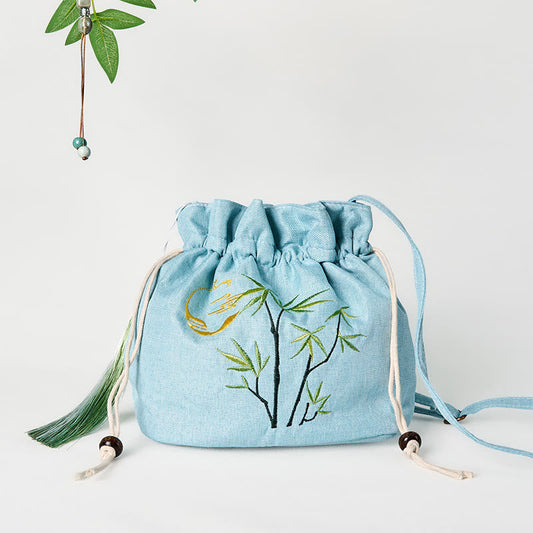 Buddhist Blessing Embroidered Green Bamboo Cotton Linen Crossbody Bag Shoulder Bag