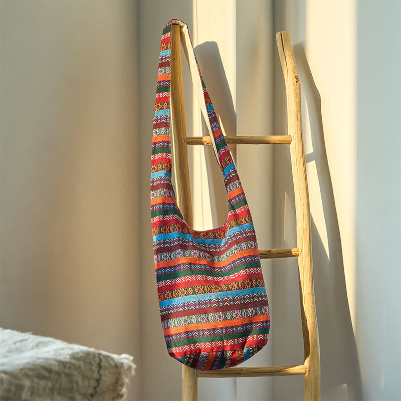 Buddhist Blessing Colored Geometric Stripes Pattern Cotton Crossbody Bag Shoulder Bag