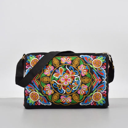 Buddhist Blessing Galsang Inula Flower Peony Peacock Double-Sided Embroidery Canvas Shopping Purse Handbag Crossbody Bag