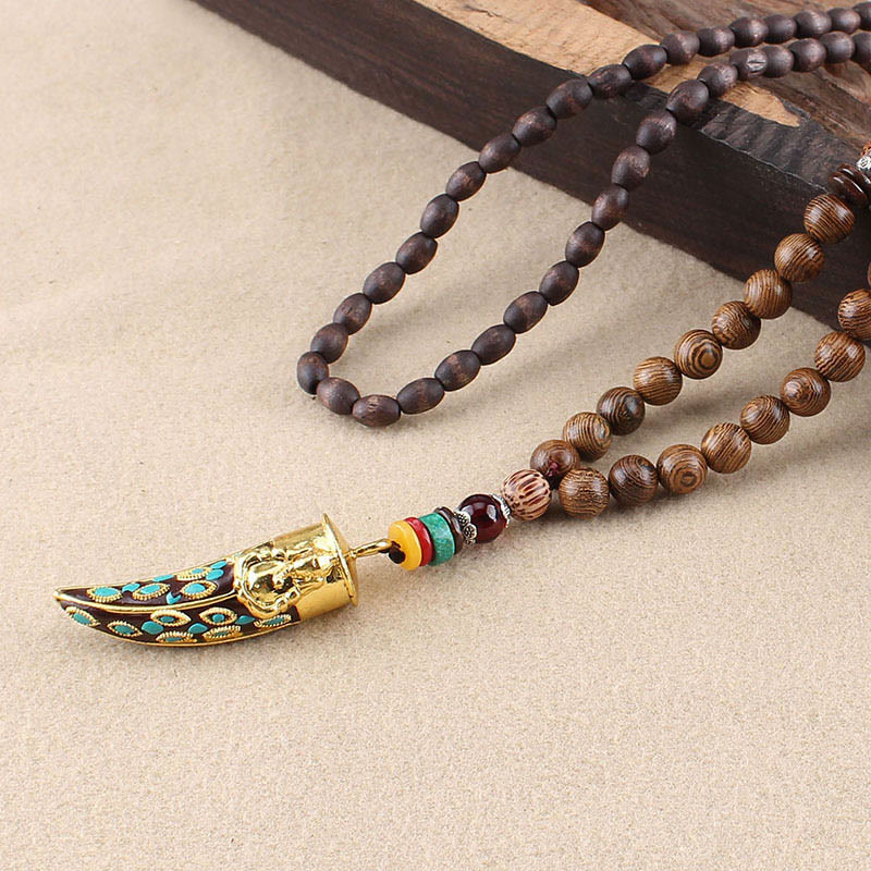 Buddhist Blessing Tibet Wenge Wood Om Mani Padme Hum OM Symbol Mantra Horn Pattern Protection Necklace Pendant