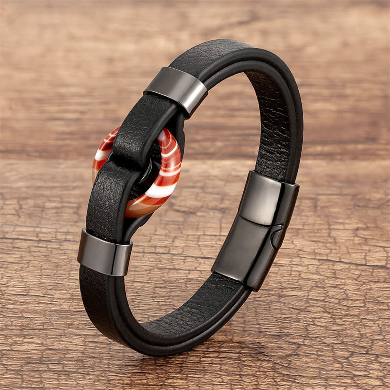 Buddhist Blessing Round Green Aventurine Black Onyx Hematite Agate Rose Quartz Stone Balance Leather Magnetic Buckle Bracelet