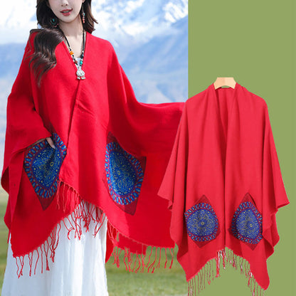 Buddhist Blessing Tibetan Geometric Round Mandala Pattern Tassels Shawl Fall Winter Cozy Scarf Wrap With Pockets