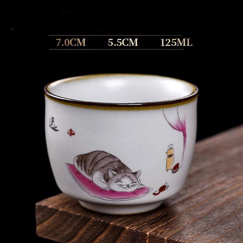 Buddhist Blessing Cute Lying Cat Branches Teacup Kung Fu Tea Cup With Gift Box