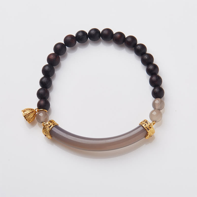 Buddhist Blessing Sandalwood Gray Agate Chalcedony Cuff Half Bracelet Bangle