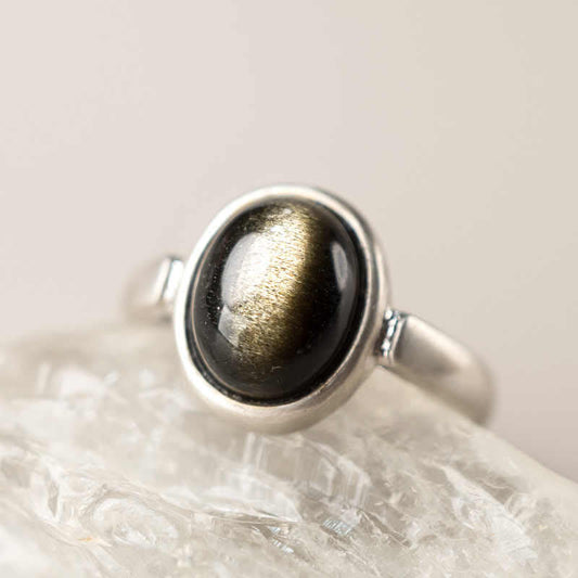 Buddhist Blessing Natural 925 Sterling Silver Gold Sheen Obsidian Adjustable Wealth Ring