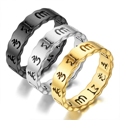 Buddhist Blessing Tibetan Hollow Om Mani Padme Hum Titanium Steel Balance Ring