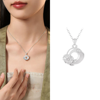 Buddhist Blessing Chalcedony 925 Sterling Silver Peace Buckle Flowers Necklace Pendant