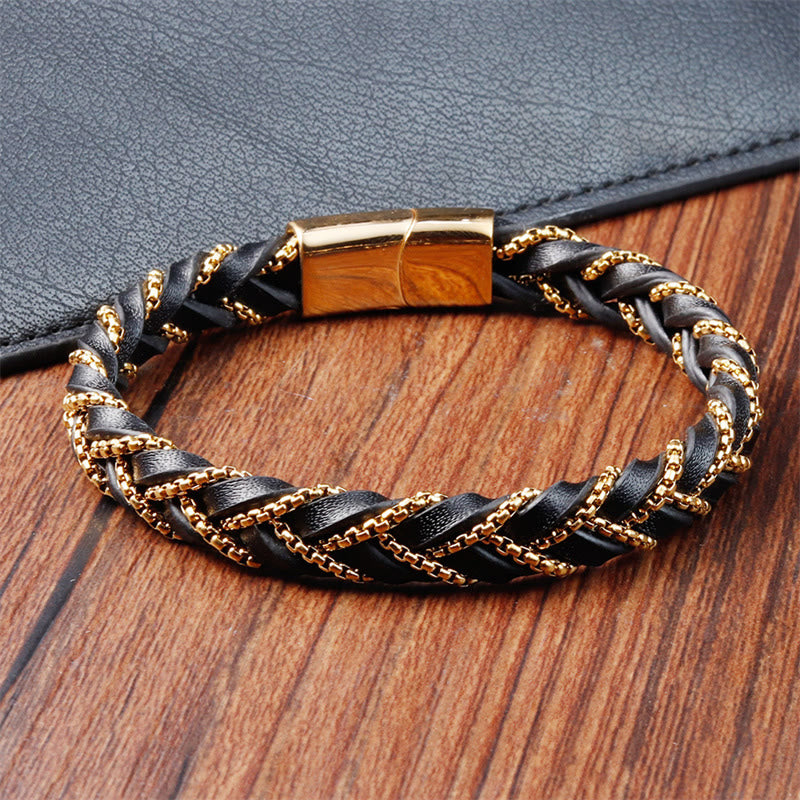 Buddhist Blessing Simple Design Titanium Steel Calm Braided Leather Buckle Bracelet