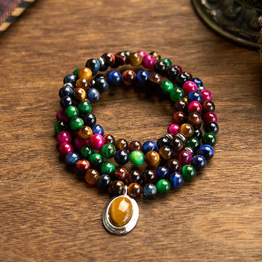 Buddhist Blessing 108 Mala Beads Natural Colorful Tiger Eye Stone Multi-turn Protection Bracelet