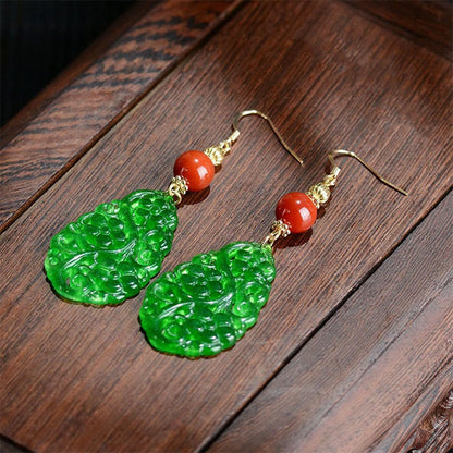 Buddhist Blessing Water Droplet Hollow Shape Jade Red Agate 925 Sterling Silver Luck Earrings