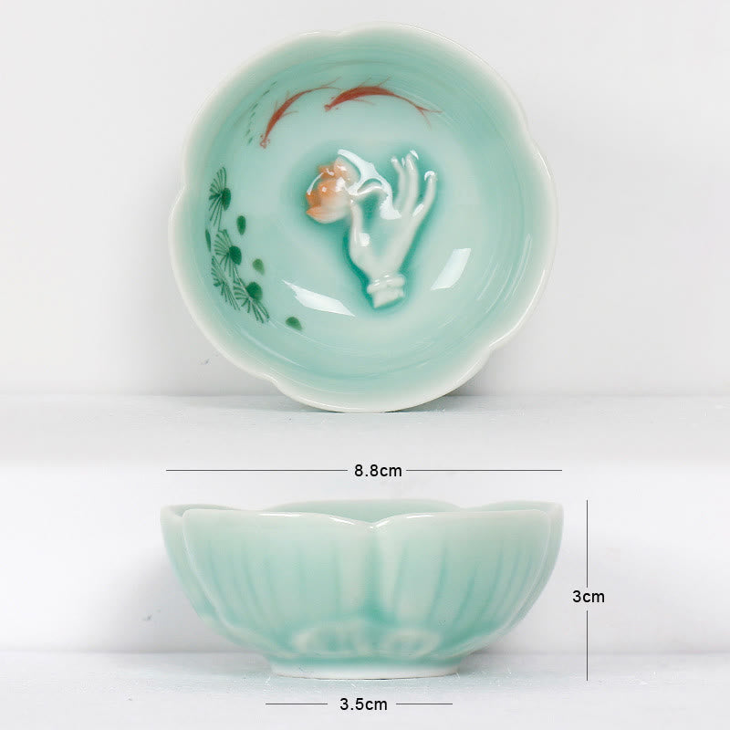 Buddhist Blessing Koi Fish Lotus Hand Teacup Kung Fu Tea Cup