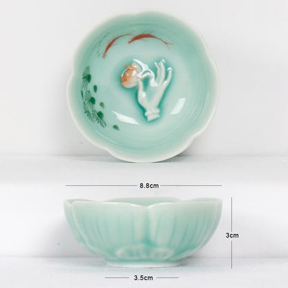 Buddhist Blessing Koi Fish Lotus Hand Teacup Kung Fu Tea Cup