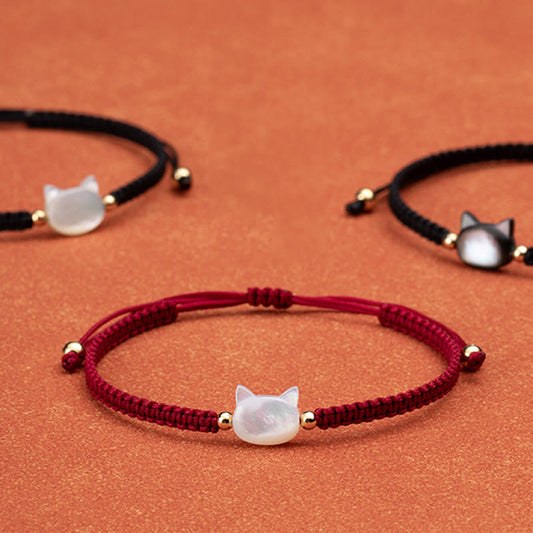 Buddhist Blessing Faceless Cat Head Red String Shell Connection Bracelet