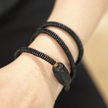 Buddhist Blessing Ebony Wood Copper Brass Balance Triple Wrap Bracelet