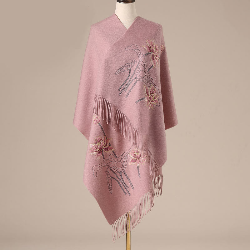 Buddhist Blessing Wool Shawl Lotus Embroidery Tassel Winter Cozy Travel Scarf Wrap