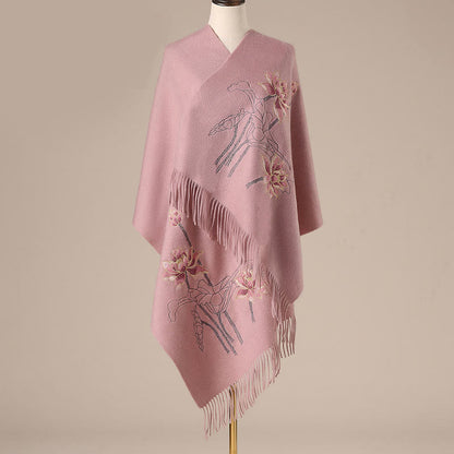 Buddhist Blessing Wool Shawl Lotus Embroidery Tassel Winter Cozy Travel Scarf Wrap