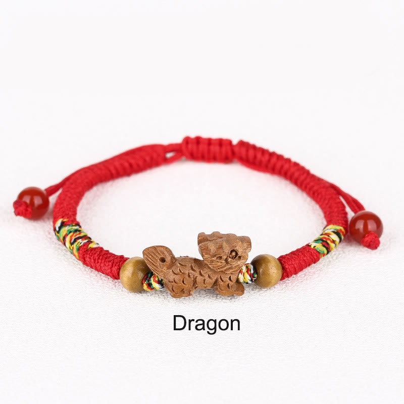Buddhist Blessing Handmade Chinese Zodiac Red String Peach Wood Luck Bracelet