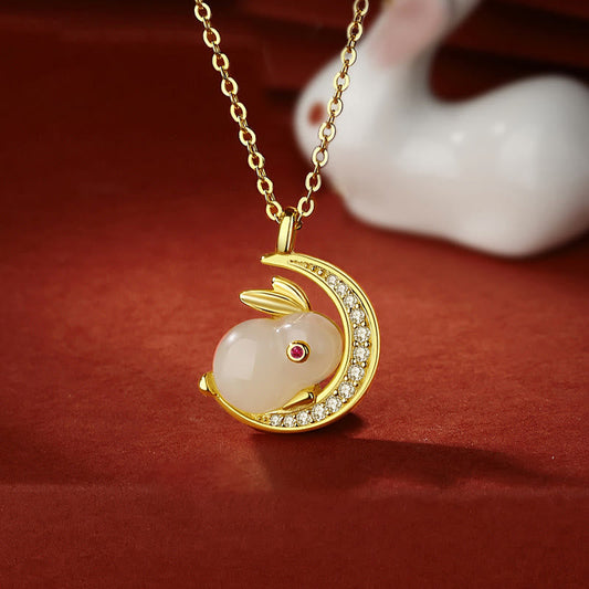 Buddhist Blessing 925 Sterling Silver Hetian White Jade Rabbit Crescent Moon Luck Necklace Pendant