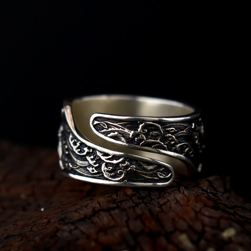 Buddhist Blessing Adjustable Opening 925 Sterling Silver Lucky Koi Fish Copper Coin Auspicious Clouds Wealth Ring