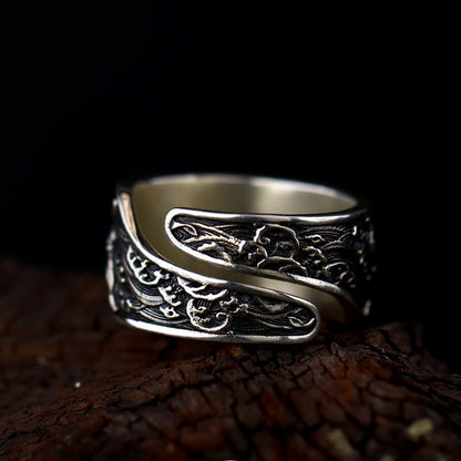 Buddhist Blessing Adjustable Opening 925 Sterling Silver Lucky Koi Fish Copper Coin Auspicious Clouds Wealth Ring