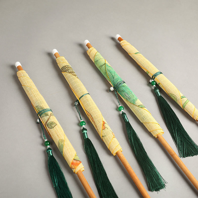 Buddhist Blessing Handmade Birds Flowers Persimmons Fruit Koi Fish Lotus Bamboo Long Handle Portable Curlable Fan