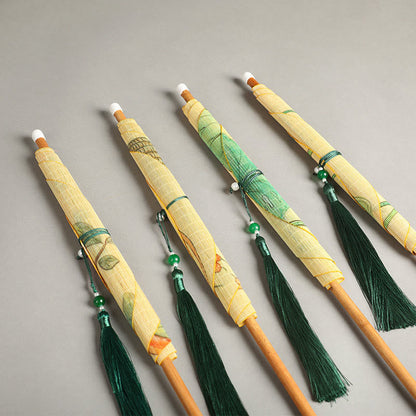 Buddhist Blessing Handmade Birds Flowers Persimmons Fruit Koi Fish Lotus Bamboo Long Handle Portable Curlable Fan