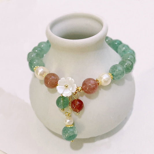 Buddhist Blessing Green Strawberry Quartz Shell Peach Blossom Soothing Bracelet
