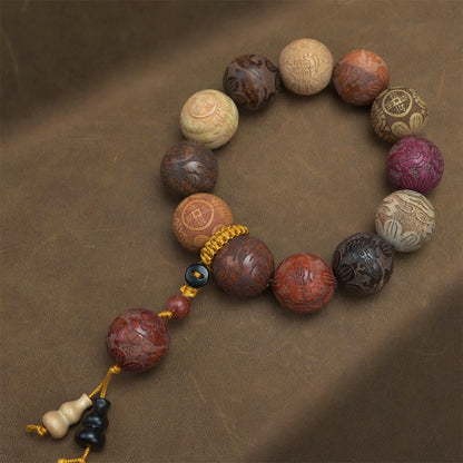 Buddhist Blessing Carving Sandalwood Chinese Zodiac Auspicious Dragon Phoenix Fu Character Healing Bracelet