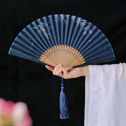 Buddhist Blessing Firefly Bamboo Leaves Pattern Tassels Handheld Bamboo Folding Fan