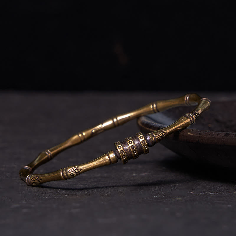 Buddhist Blessing Bamboo Lotus Flower Copper Brass Peace Bracelet Bangle