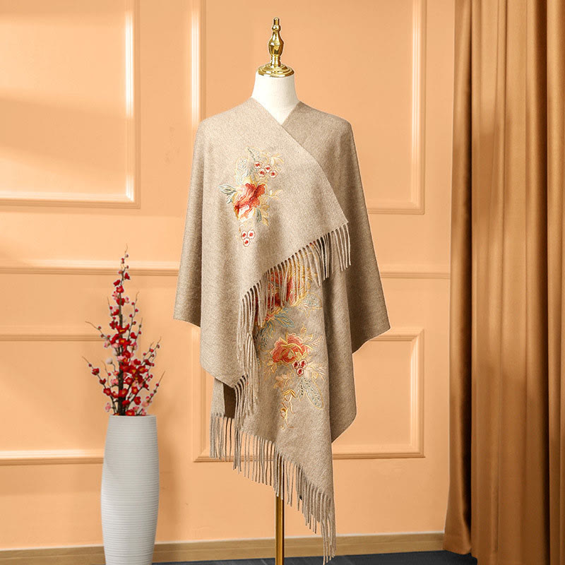 Buddhist Blessing Wool Shawl Red Flower Leaves Embroidery Tassel Winter Cozy Travel Scarf Wrap