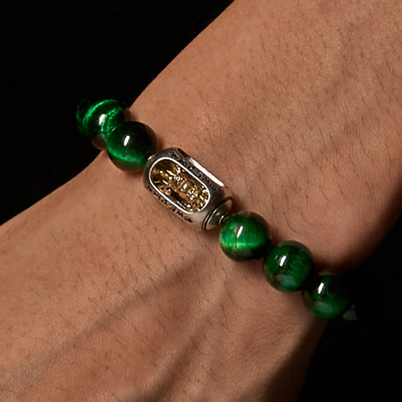 Buddhist Blessing Natural Green Tiger Eye Om Mani Padme Hum Positive Strength Bracelet