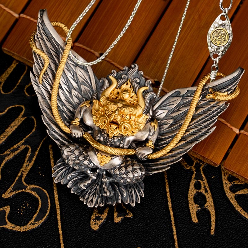 Buddhist Blessing 925 Sterling Silver Tibetan Garuda Bird Dragon Snake Wisdom Necklace Pendant
