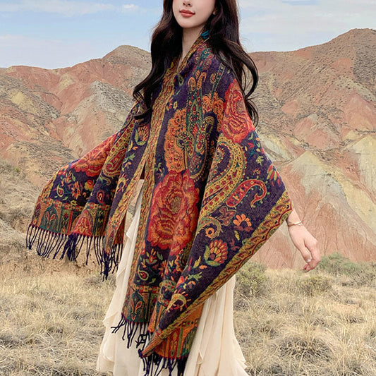 Buddhist Blessing Tibetan Cashew Peony Flowers Vine Tassels Shawl Fall Winter Cozy Scarf Wrap