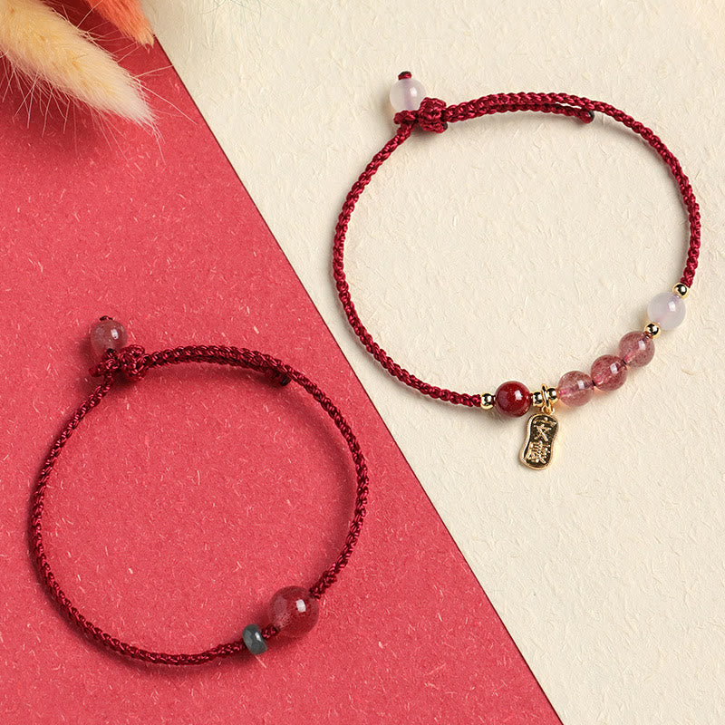Buddhist Blessing Natural Strawberry Quartz Jade White Agate Red String Positive Bracelet