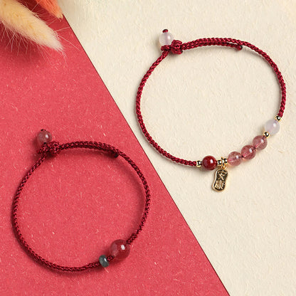 Buddhist Blessing Natural Strawberry Quartz Jade White Agate Red String Positive Bracelet