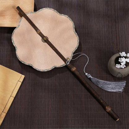 Buddhist Blessing Handmade Cherry Bamboo Leaf Grape Pattern Long Purple Bamboo Handle Portable Curlable Fan