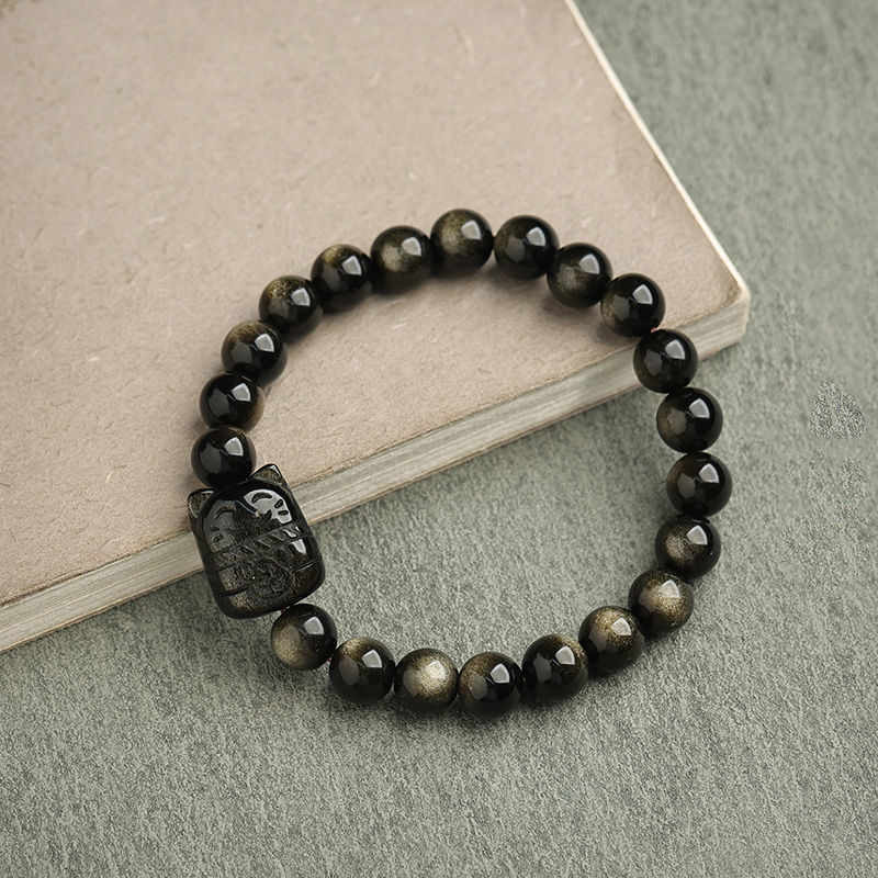 Buddhist Blessing Gold Sheen Obsidian Silver Sheen Obsidian Lovely Paw Lucky Cat Protection Bracelet