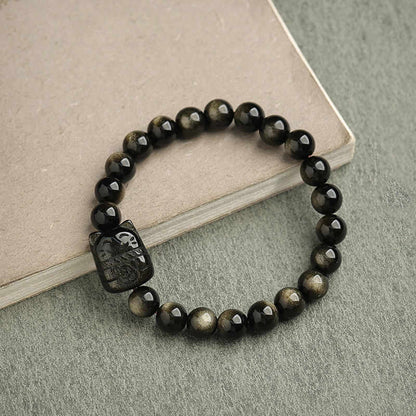 Buddhist Blessing Gold Sheen Obsidian Silver Sheen Obsidian Lovely Paw Lucky Cat Protection Bracelet