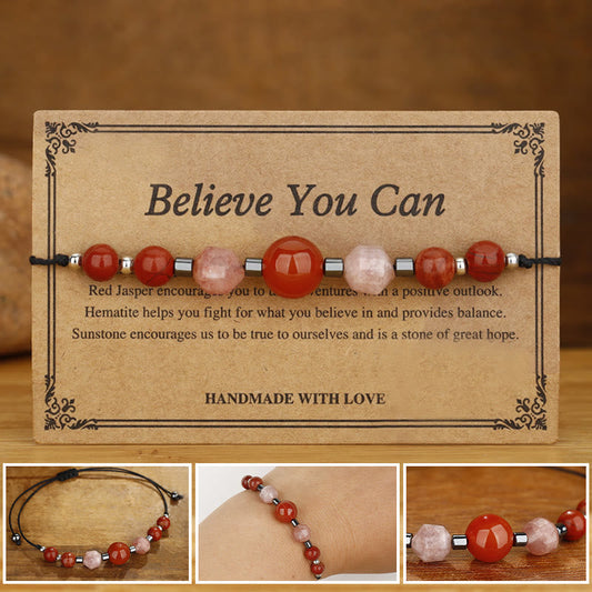 Buddhist Blessing Believe You Can Carnelian Red Jasper Hematite Sun Stone Positive Bracelet
