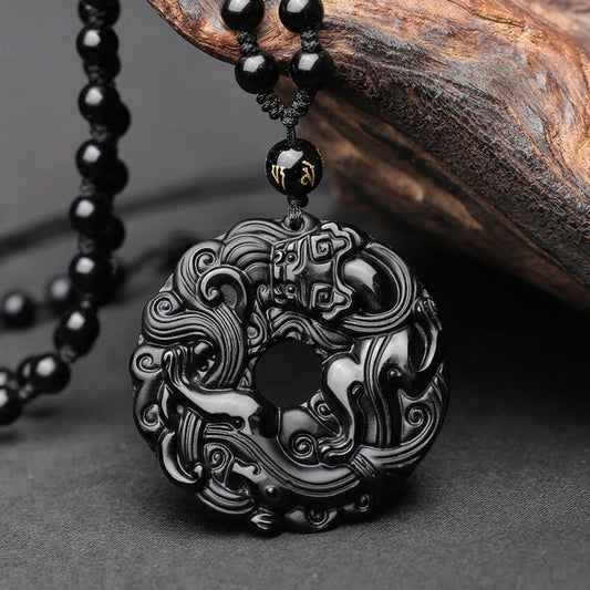 Buddhist Blessing Natural Black Obsidian Peace Buckle Pixiu Purification Necklace Pendant