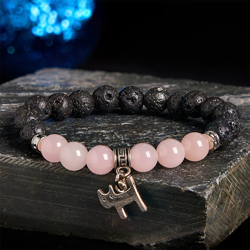 Buddhist Blessing Black Lava Rock Crystal Beads Animal Pattern Healing Bracelet