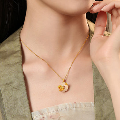 Buddhist Blessing Chalcedony 925 Sterling Silver Peace Buckle Flowers Necklace Pendant